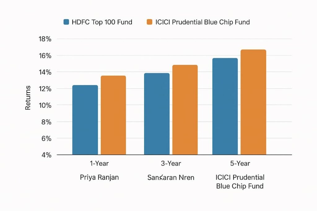 Bar chart comparing the performance of HDFC Top 100 Fund and ICICI Prudential Blue Chip Fund over 1-year, 3-year, and 5-year periods