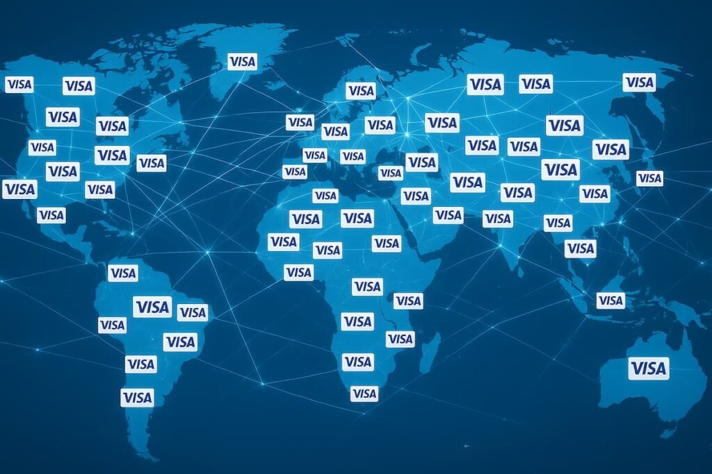World map showing Visa credit card logos across over 200 countries, highlighting global acceptance