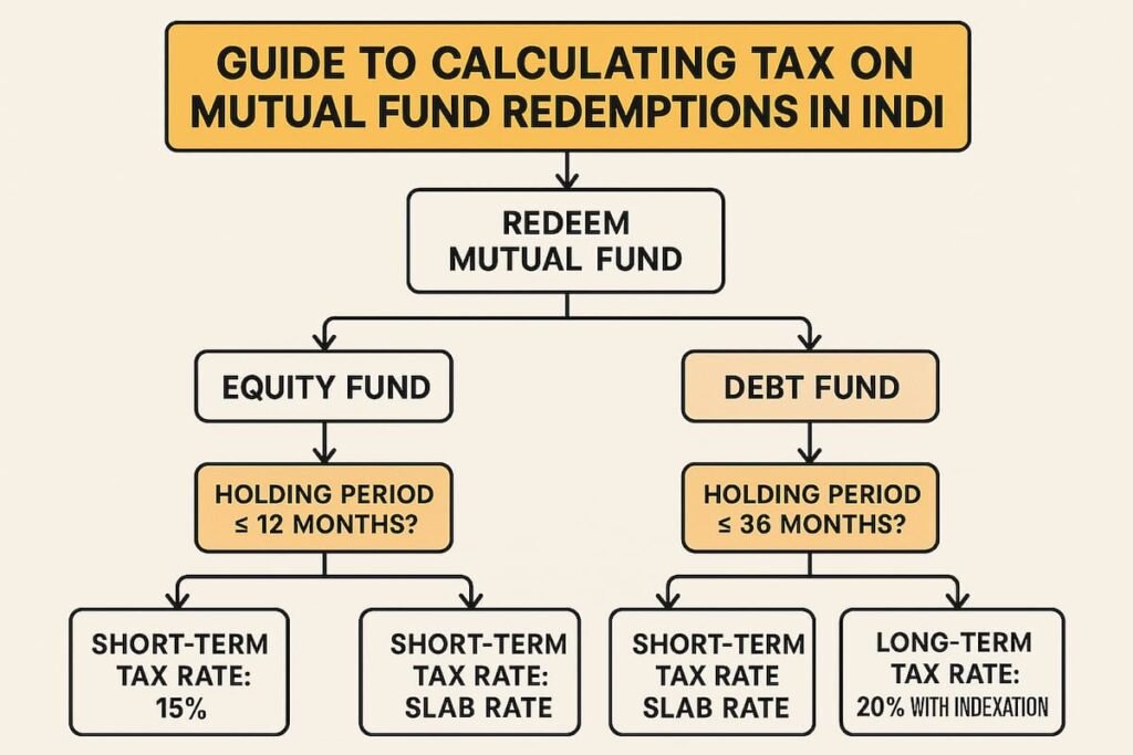 Step-by-step flowchart explaining how to calculate taxes on mutual fund redemptions, including equity and debt fund taxation