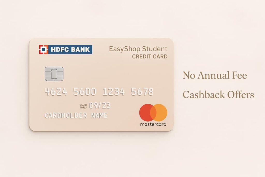 Image of the HDFC EasyShop Student Credit Card, highlighting its features like no annual fee and cashback offers