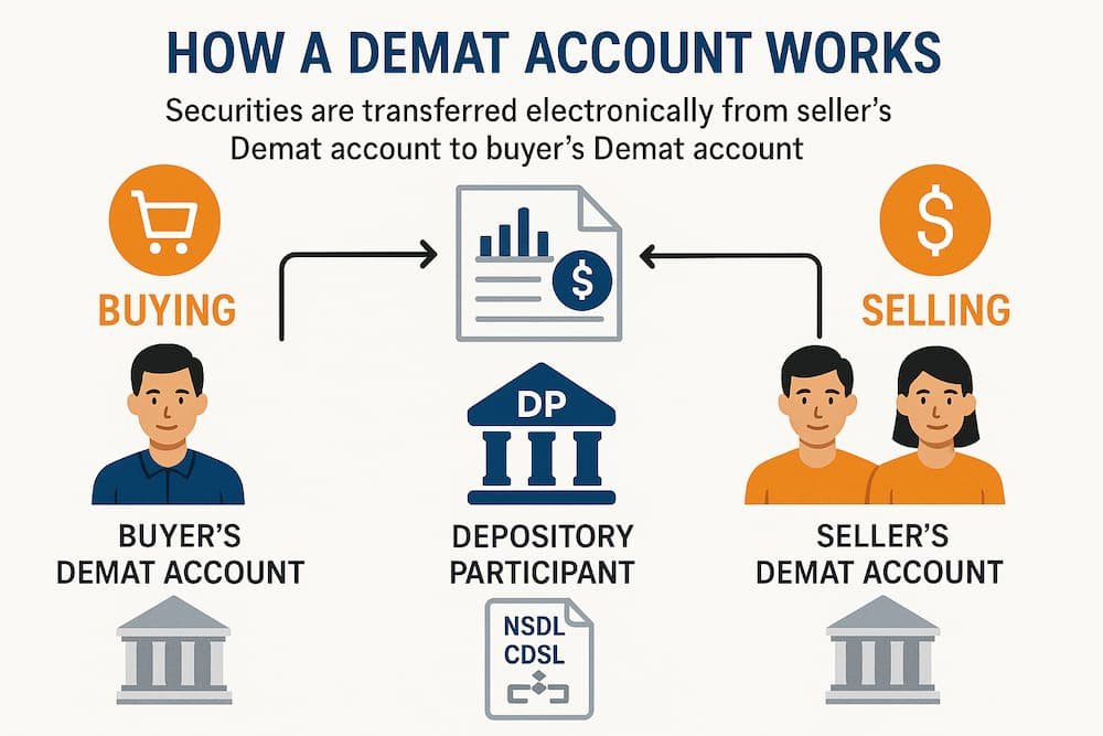 Infographic explaining how a Demat account works, showing the process of buying and selling securities, with the role of the Depository Participant (DP) and electronic transfers between accounts