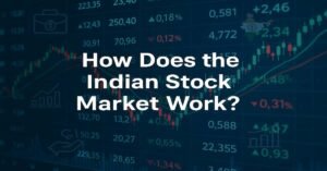 Visual representation of how the Indian Stock Market works with trading data, graphs, and icons symbolizing finance, growth, and India
