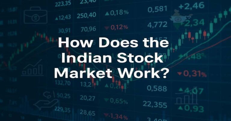 Visual representation of how the Indian Stock Market works with trading data, graphs, and icons symbolizing finance, growth, and India