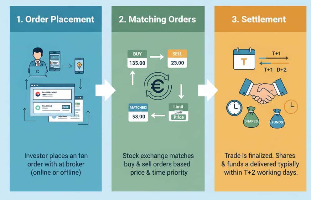 An infographic explaining the process of trading in the Indian stock market: Order Placement, Matching Orders, and Settlement (T+2 cycle)
