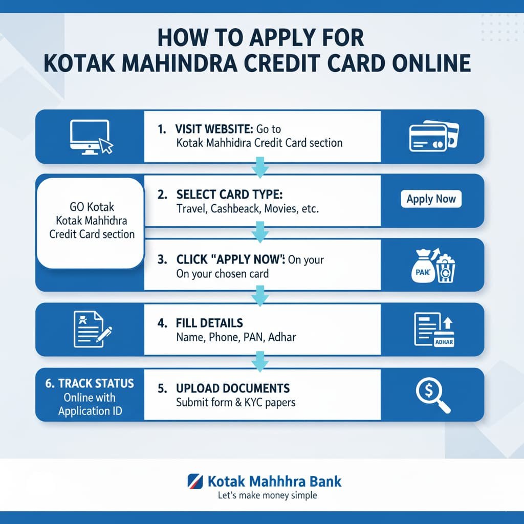 Infographic showing the steps to apply for a Kotak Mahindra Credit Card online, including card selection, form submission, and application tracking
