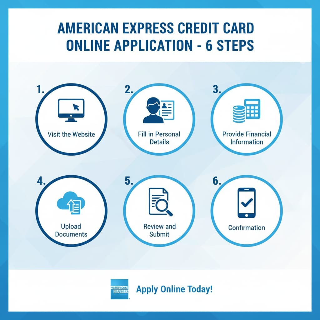 Infographic showing the 6 steps for applying for an American Express credit card online in India: Visit the website, fill in personal details, provide financial information, upload documents, review and submit, and confirmation