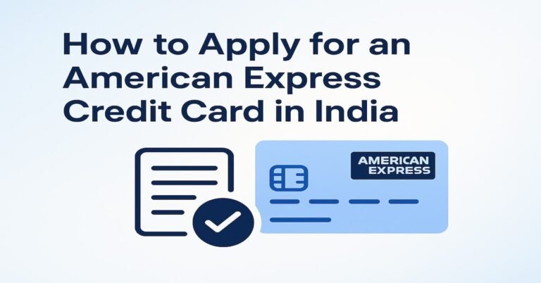 Guide on how to apply for an American Express credit card in India, featuring a stylized American Express card icon and application symbols on a light gradient background