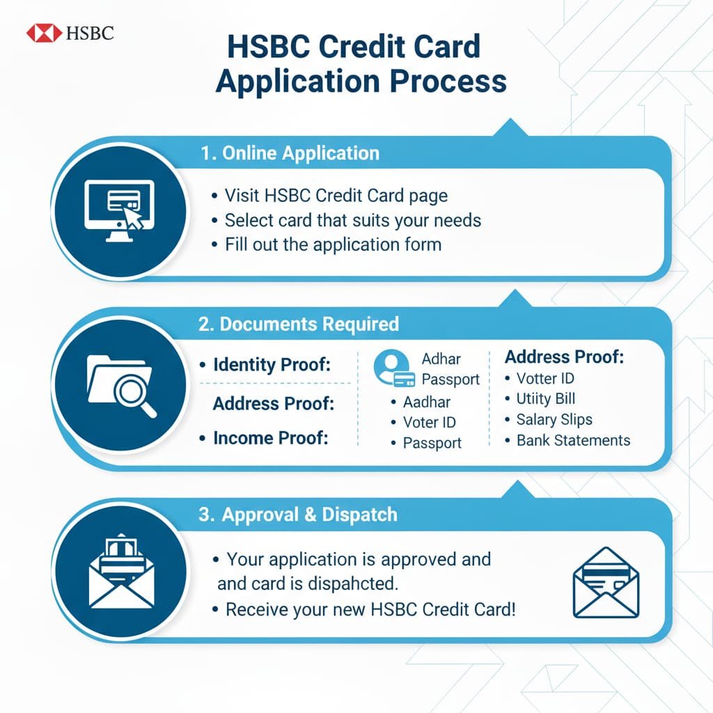 Infographic showing the steps to apply for an HSBC Credit Card, including online application, required documents (identity, address, and income proof), and card approval and dispatch