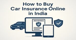 Learn how to buy car insurance online in India with a simple, step-by-step guide, featuring icons of a car, insurance policy, and digital devices