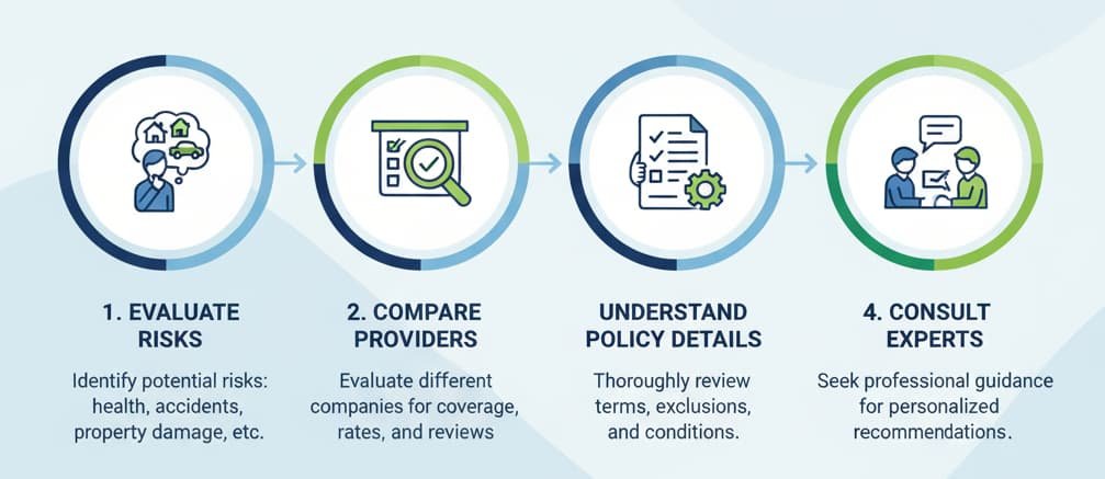 An infographic outlining 4 steps to choose the right insurance: Evaluate Risks, Compare Providers, Understand Policy Details, and Consult Experts. Each step is represented with relevant icons and brief descriptions