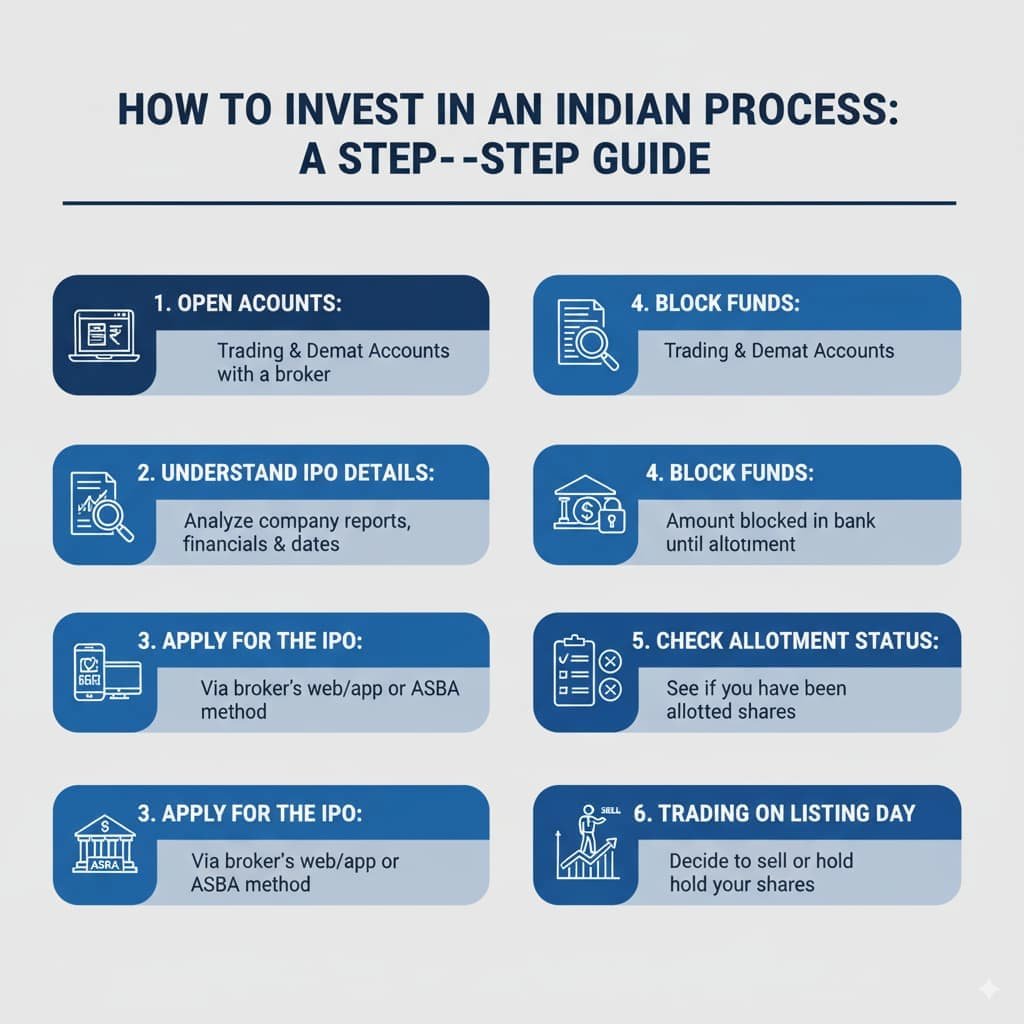 Infographic showing the process of how to invest in an Indian IPO, with steps like opening trading and Demat accounts, understanding the IPO, applying, blocking funds, checking allotment status, and trading on listing day.