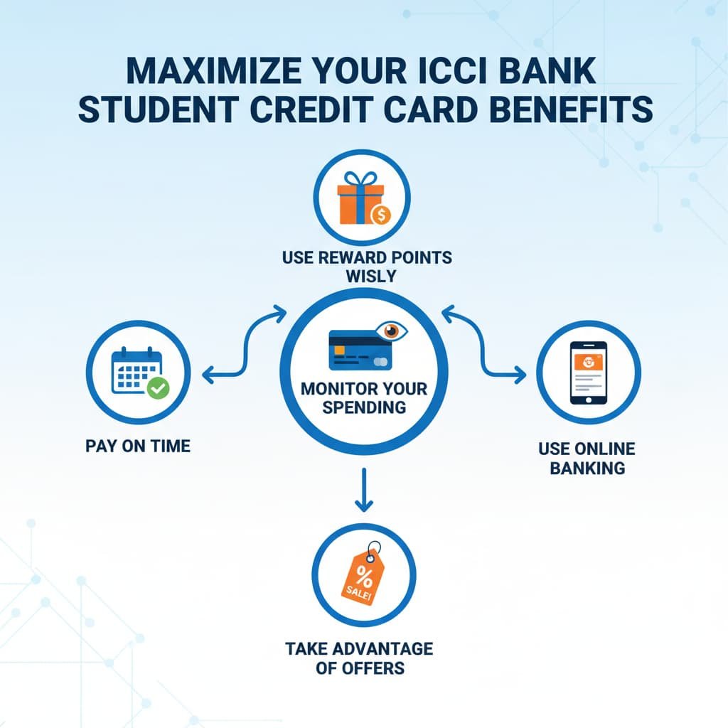 An infographic showing tips for maximizing the benefits of the ICICI Bank Student Credit Card. The tips include paying bills on time to avoid fees, redeeming reward points for discounts or gifts, monitoring spending, taking advantage of special offers, and using online banking to track transactions. Each tip is represented with relevant icons and clear text