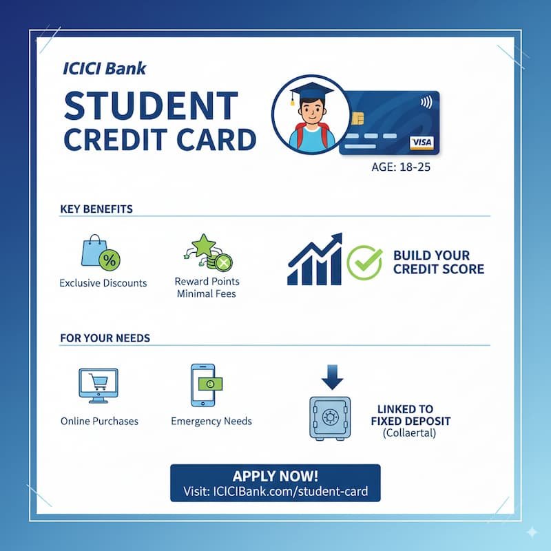 An infographic illustrating the ICICI Bank Student Credit Card. It includes icons representing students, credit cards, building credit scores, online purchases, bill payments, and emergency needs. The image highlights benefits such as discounts, reward points, and minimal fees, with emphasis on the fixed deposit collateral and the target age range of 18-25 years