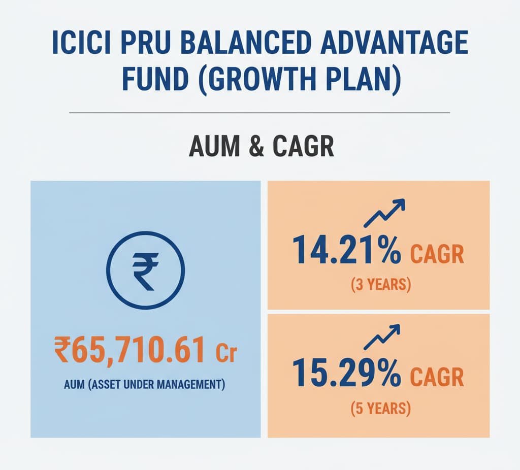 Infographic displaying the performance of ICICI Pru Balanced Advantage Fund (Growth Plan) with ₹65,710.61 Cr AUM and CAGR of 14.21% over 3 years and 15.29% over 5 years in india