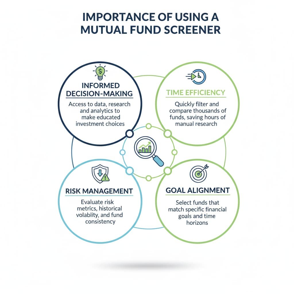 Infographic showing the importance of using a mutual fund screener: informed decision-making, time efficiency, risk management, and goal alignment