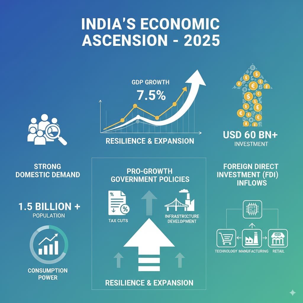 Infographic illustrating India’s economic resilience and growth factors in 2025, showcasing domestic demand, pro-growth policies, and foreign direct investment