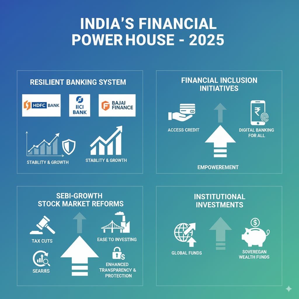 Infographic depicting the strength of India’s financial sector in 2025, highlighting resilient banks, government initiatives for financial inclusion, SEBI reforms, and institutional investments