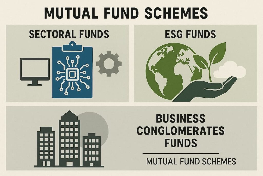 Collage of innovative mutual fund schemes including Sectoral Funds, ESG Funds, and Business Conglomerates Funds with relevant icons for each category