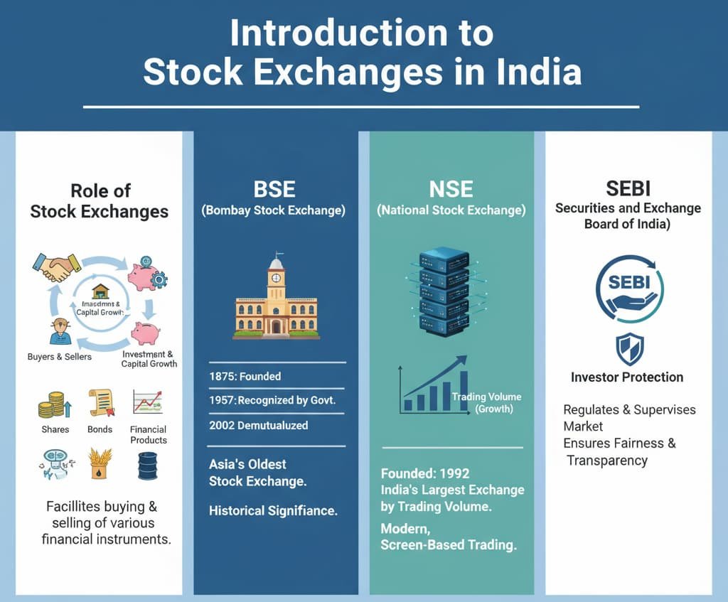 An infographic explaining the role of stock exchanges in India, focusing on the BSE, NSE, and the regulatory role of SEBI