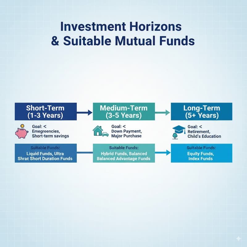 Timeline showing short-term, medium-term, and long-term investment horizons and the mutual fund categories suitable for each timeframe