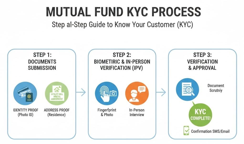 A step-by-step infographic illustrating the Know Your Customer (KYC) process, highlighting required documents and verification.