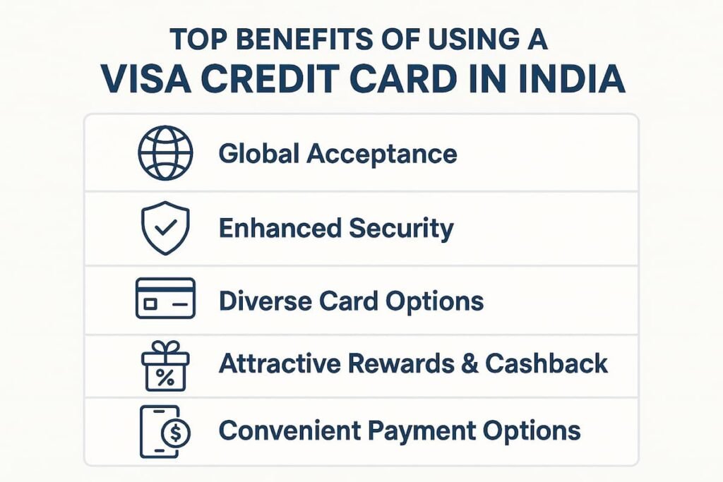 Infographic showcasing the key benefits of Visa credit cards, including global acceptance, enhanced security, rewards, and payment options