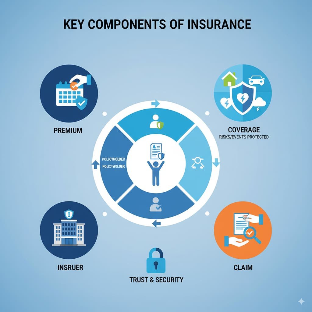 An infographic depicting the key components of insurance: Premium, Policyholder, Insurer, Coverage, and Claim. Each component is represented with relevant icons and visuals, explaining the basics of the insurance process