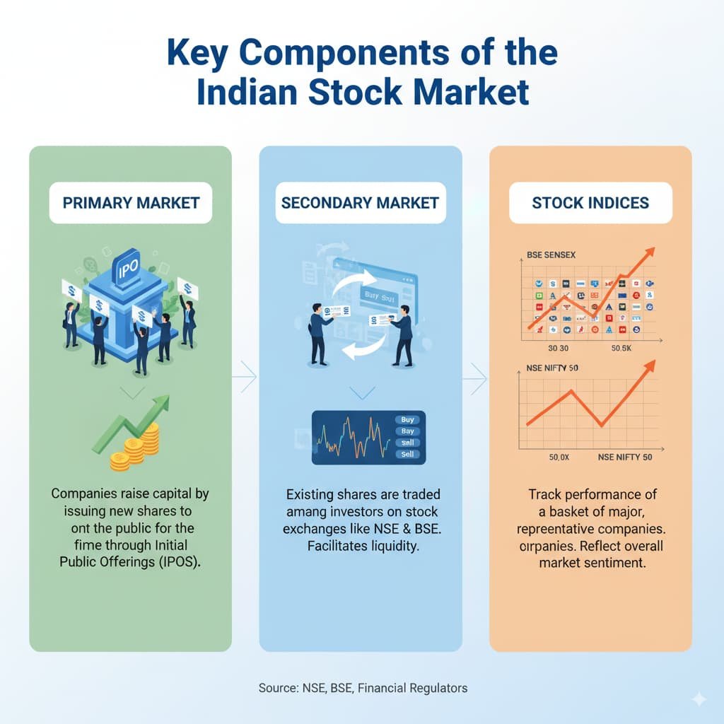 An infographic illustrating the key components of the Indian Stock Market: Primary Market (IPOs), Secondary Market (Trading), and Stock Indices (BSE Sensex, NSE Nifty 50)
