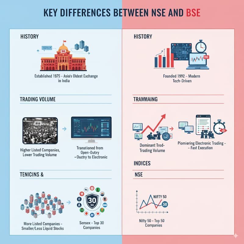An infographic comparing the key differences between the NSE and BSE, focusing on history, trading volume, technology, indices, and listing/market capitalization