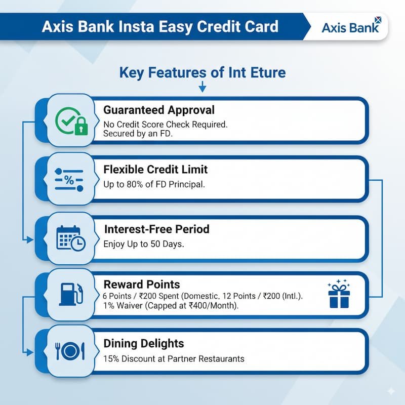 Infographic showcasing the key features of the Axis Bank Insta Easy Credit Card, including guaranteed approval, flexible credit limit, interest-free period, reward points, fuel surcharge waiver, and dining delights discounts at partner restaurants