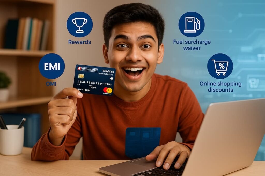 A student holding the HDFC Bank EasyShop Student Credit Card with icons of rewards, fuel surcharge waiver, EMI, and online discounts in the background, highlighting the card's features for students
