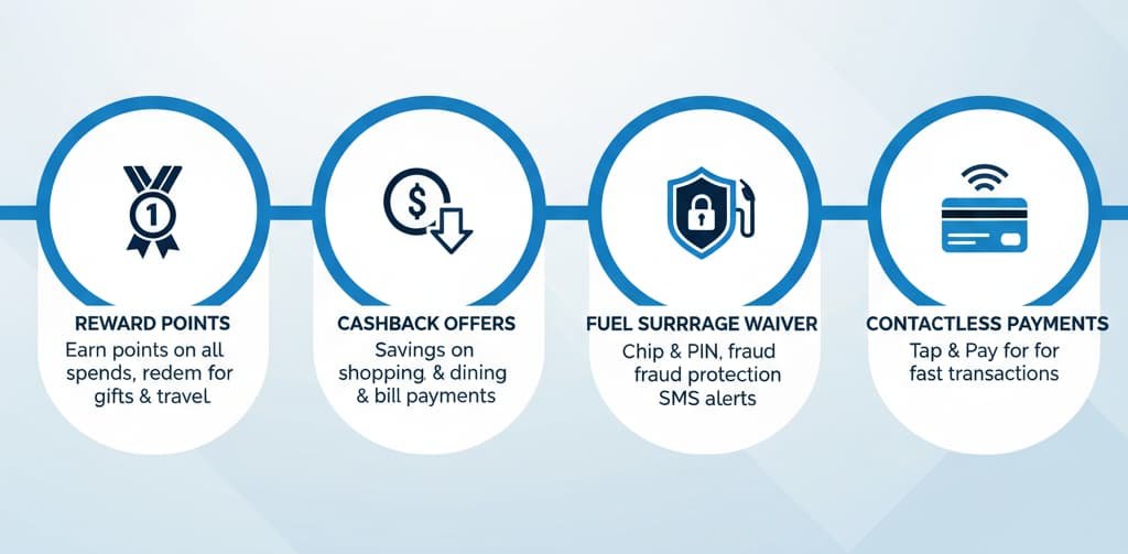 Infographic detailing the key features of SBI Credit Cards, including reward points, cashback offers, fuel surcharge waiver, advanced security, and contactless payments