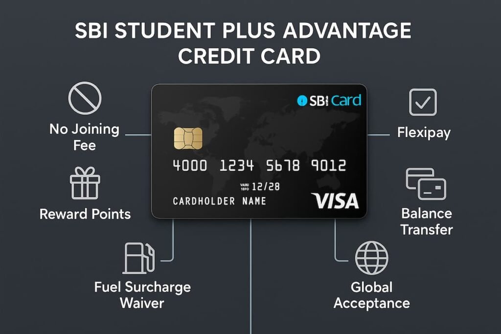 Infographic highlighting the main features of the SBI Student Plus Advantage Credit Card including no fees, reward points, and global acceptance.