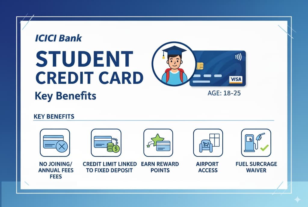 An infographic highlighting the key features of the ICICI Bank Student Credit Card. The features include no joining or annual fees, a credit limit based on a fixed deposit, earning reward points for every transaction, complimentary airport lounge access for qualifying students, and a fuel surcharge waiver at select stations. The image uses relevant icons and concise text for clarity