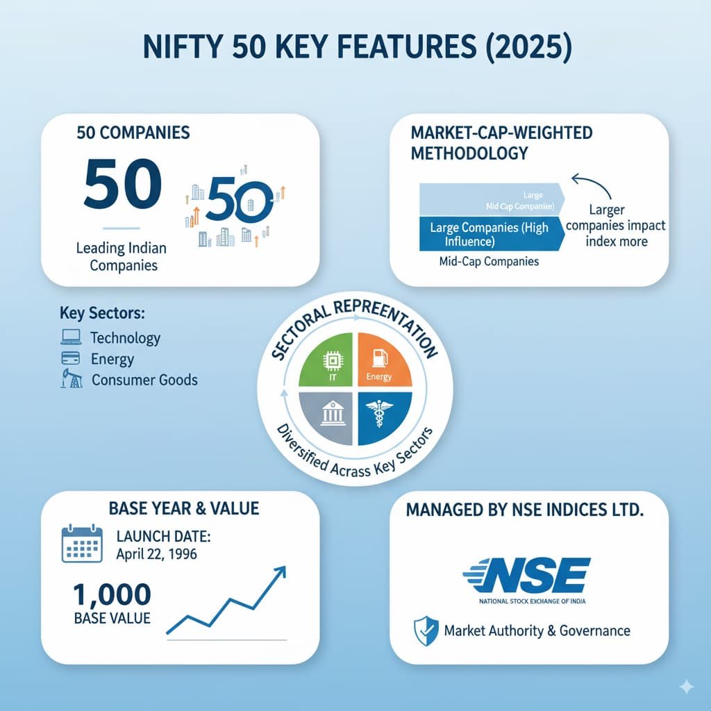 Infographic explaining the key features of the Nifty 50 index, including the number of stocks, market-capitalization weighting, sectoral representation, base year, and management by NSE Indices Ltd