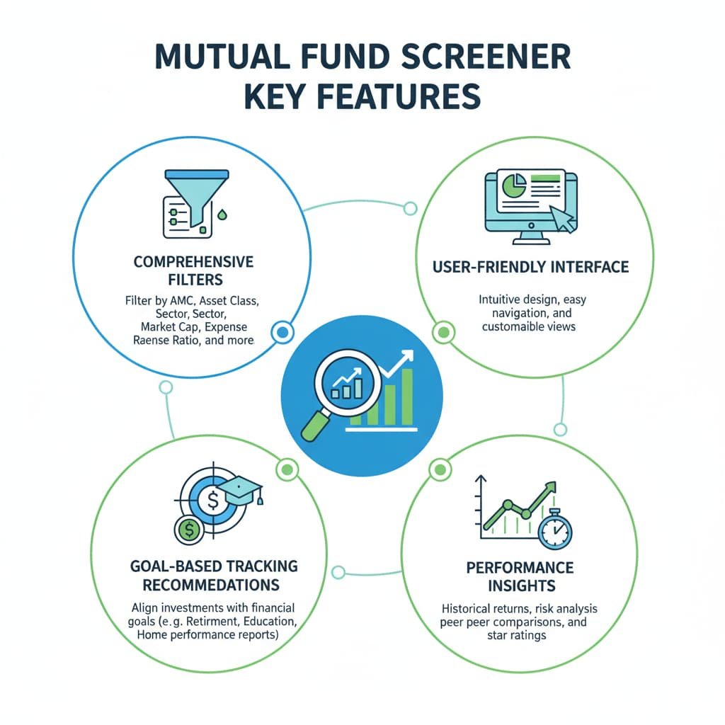 Infographic illustrating key features of a mutual fund screener: comprehensive filters, user-friendly interface, performance insights, goal-based recommendations, and portfolio tracking