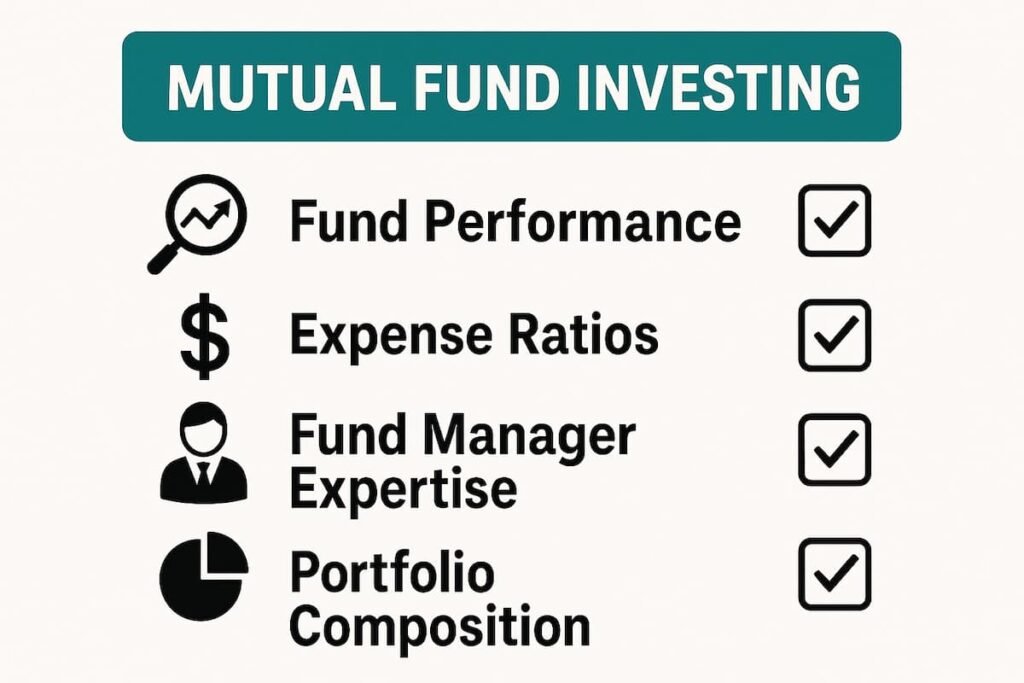 Checklist of important research factors before investing in mutual funds, including fund performance, expense ratio, fund manager expertise, and portfolio composition