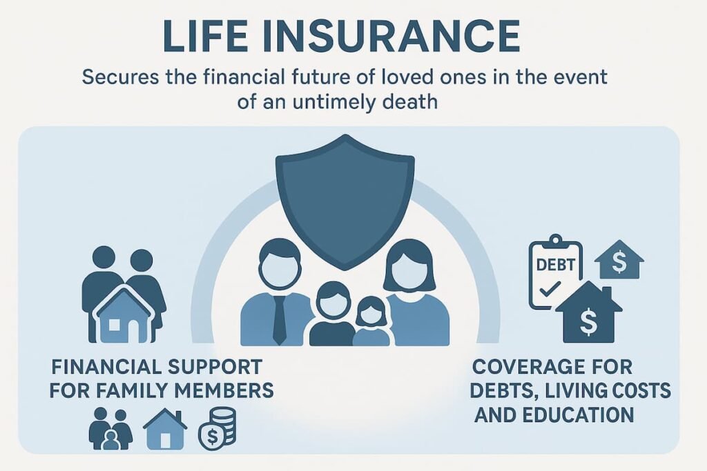 Infographic showing the importance of life insurance in securing the financial future of loved ones, with coverage for debts, living costs, and education, using icons of family, home, and finances