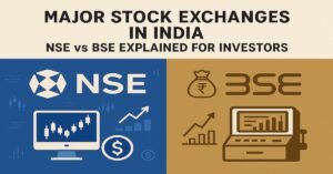 Comparison of the National Stock Exchange (NSE) and Bombay Stock Exchange (BSE) in India, illustrating their roles in digital and traditional finance
