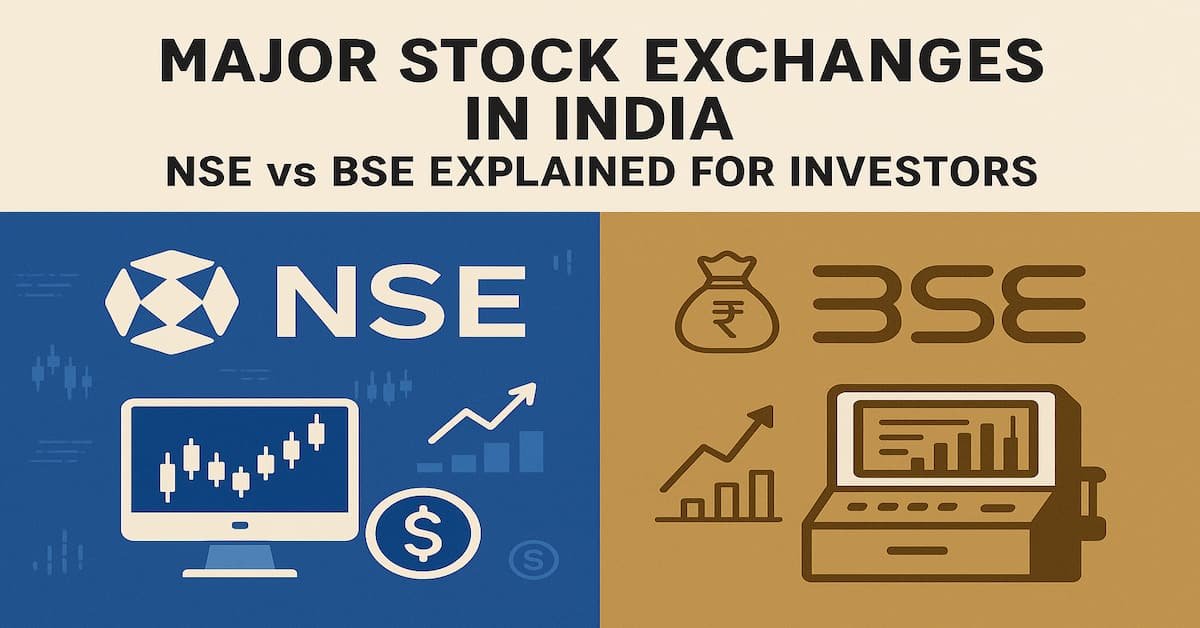 Comparison of the National Stock Exchange (NSE) and Bombay Stock Exchange (BSE) in India, illustrating their roles in digital and traditional finance