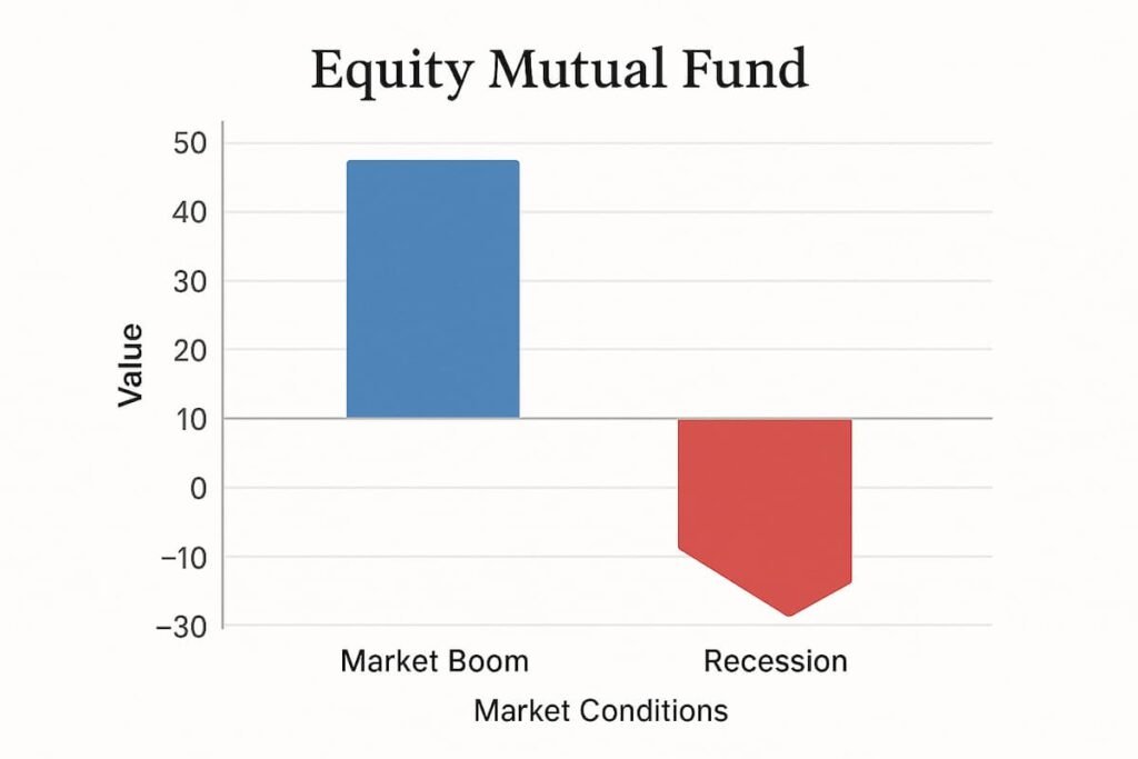 Bar graph showing the impact of market boom and recession on the performance of an equity mutual fund, highlighting market risk