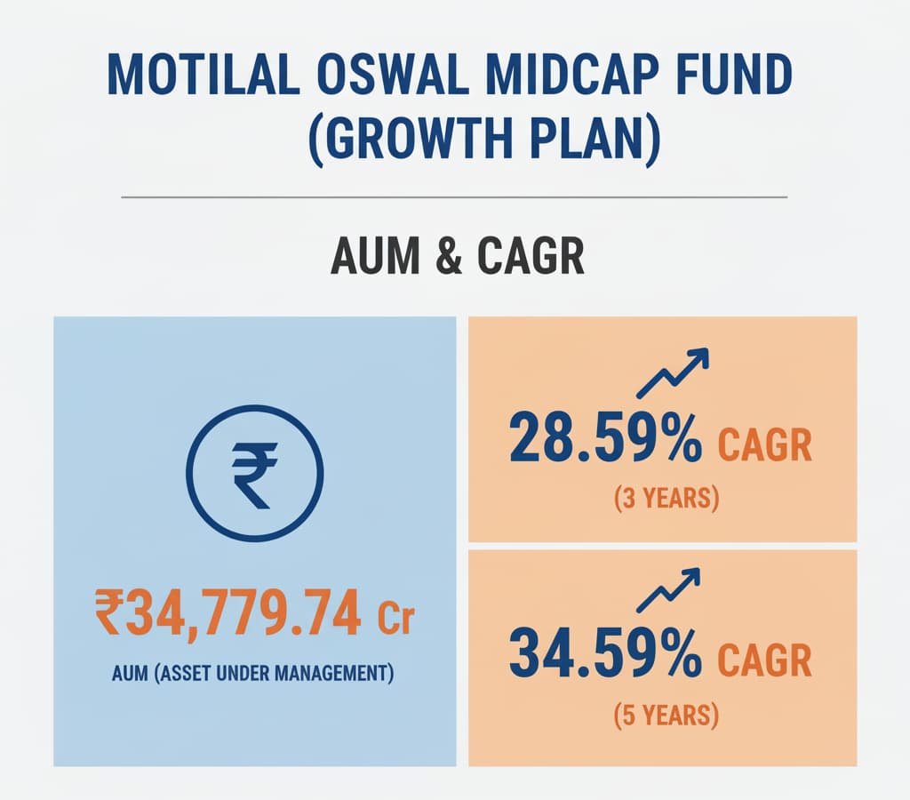 Infographic displaying the performance of Motilal Oswal Midcap Fund with ₹34,779.74 Cr AUM and CAGR of 28.59% over 3 years and 34.59% over 5 years