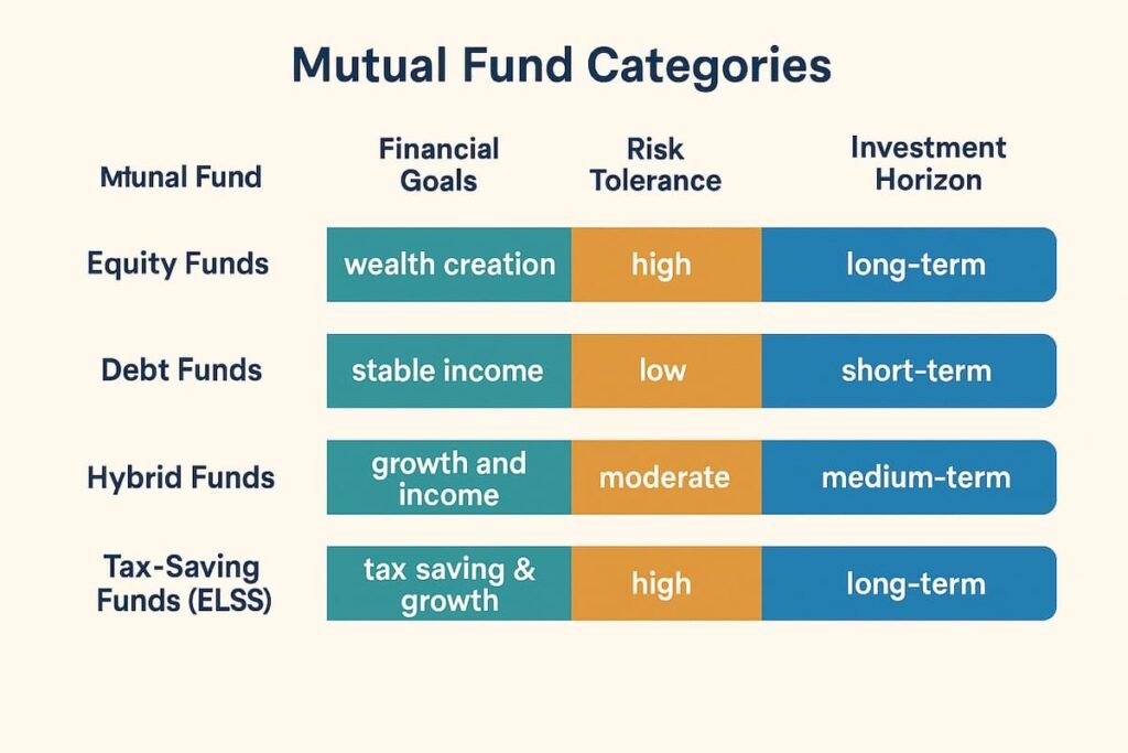 Pie chart showing different types of mutual funds—equity, debt, hybrid, and tax-saving ELSS—with their associated goals and risk levels