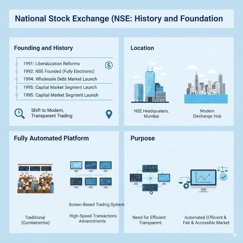An infographic illustrating the history and foundation of the National Stock Exchange (NSE), highlighting its establishment in 1992 as a fully automated electronic exchange