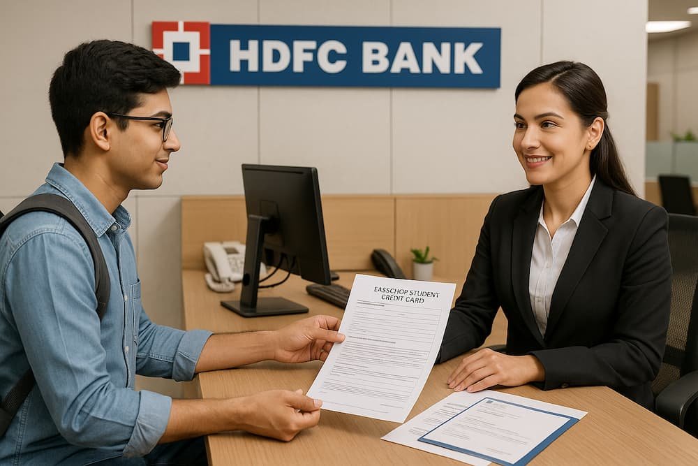 A student submitting the completed EasyShop Student Credit Card application form along with required documents at an HDFC Bank branch