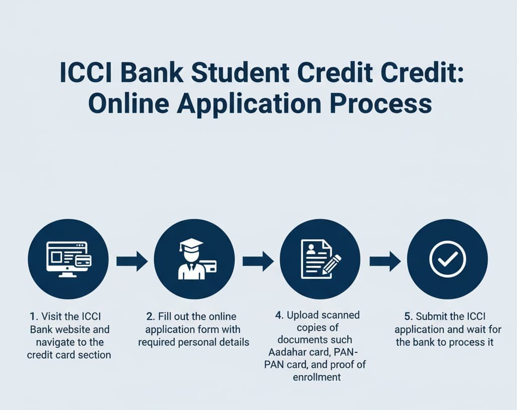 An infographic flowchart showing the online application process for the ICICI Bank Student Credit Card. The flowchart includes steps such as visiting the ICICI Bank website, selecting the Student Credit Card option, filling out the application form, uploading necessary documents (Aadhaar card, PAN card, proof of enrollment), and submitting the application for processing. Arrows connect each step to guide users through the process.