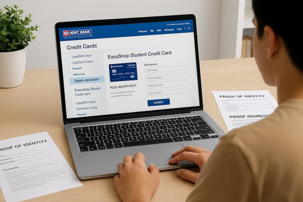 A student applying for the HDFC Bank EasyShop Student Credit Card online, filling out the application form on the HDFC Bank website