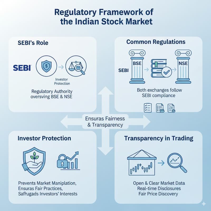 An infographic explaining the regulatory framework of the Indian stock market, focusing on SEBI's role in ensuring transparency, investor protection, and fair trading practices for both BSE and NSE