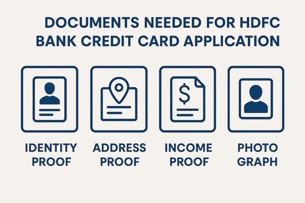 Step-by-step infographic showing the required documents for HDFC Bank Credit Card: Identity Proof, Address Proof, Income Proof, Photograph