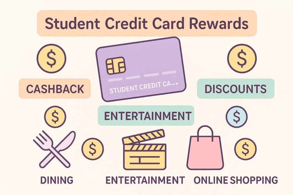Illustration of rewards and benefits from student credit cards, such as cashback, reward points, and discounts